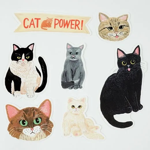 Set of cat stickers with 'Cat Power!' banner on a white background