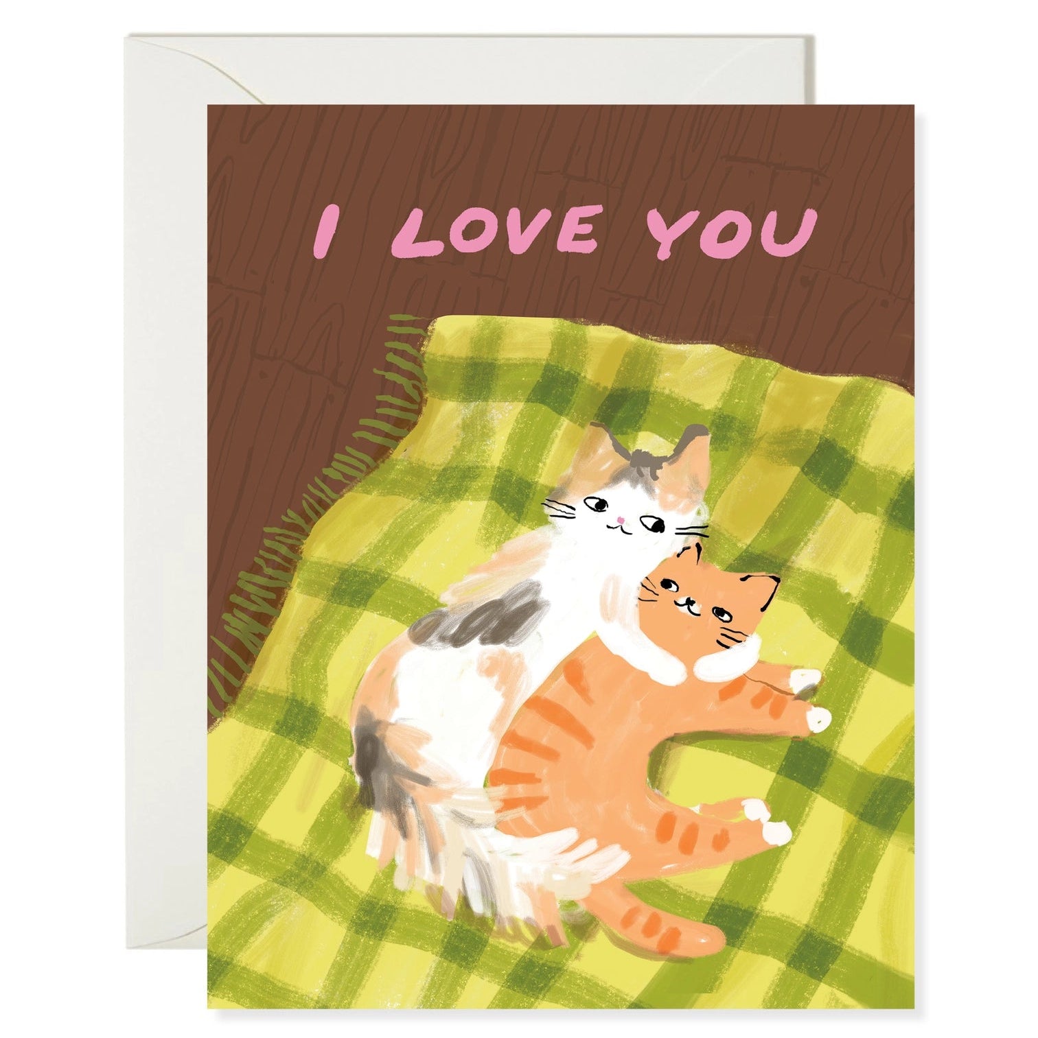 Greeting card with two cats on a green checkered blanket and 'I Love You' text.