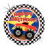 An 18 inch round mylar balloon with a monster truck design and 'Happy Birthday!' text, set on a checkered background.