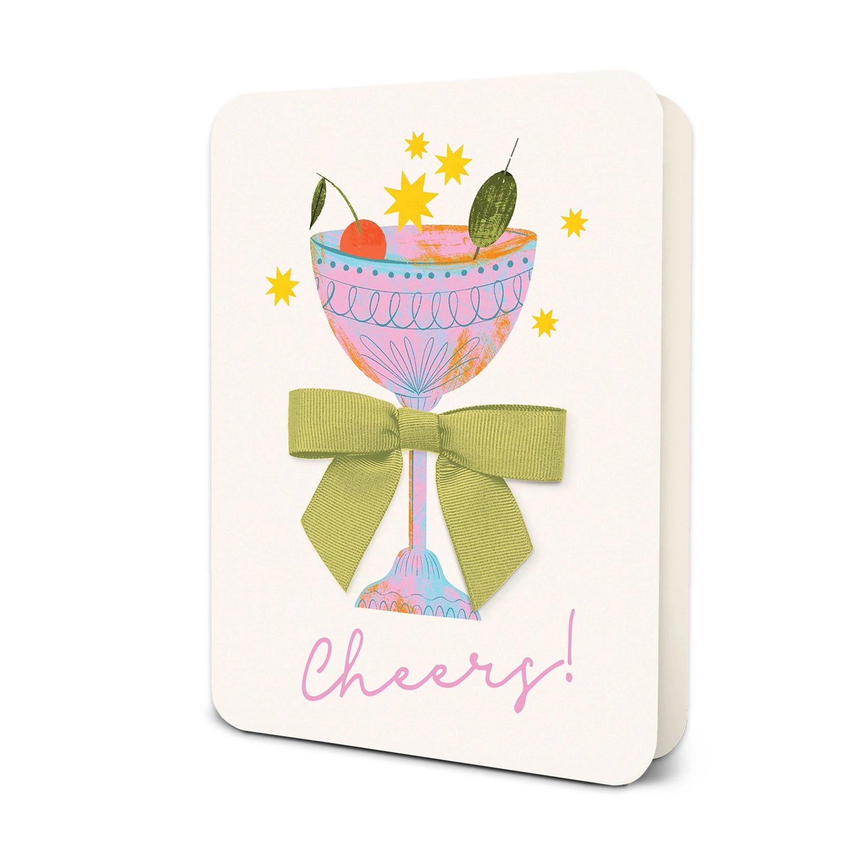 Card with a colorful illustration of a cocktail glass and bow, featuring the word 'Cheers!' on a white background.