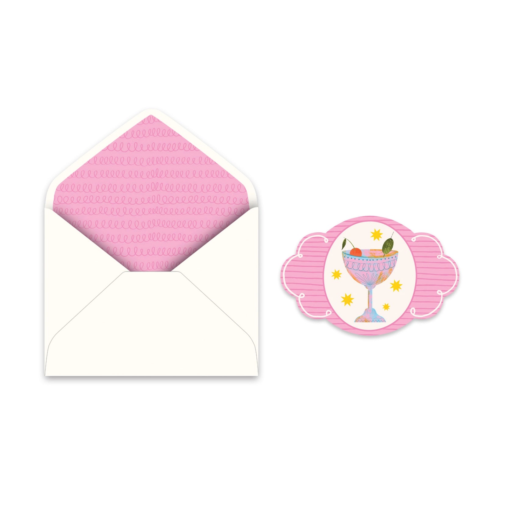 Envelopes with pink interior and a matching sticker featuring a colorful cocktail on a white background