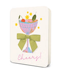 Card with a colorful illustration of a cocktail glass and bow, featuring the word 'Cheers!' on a white background.