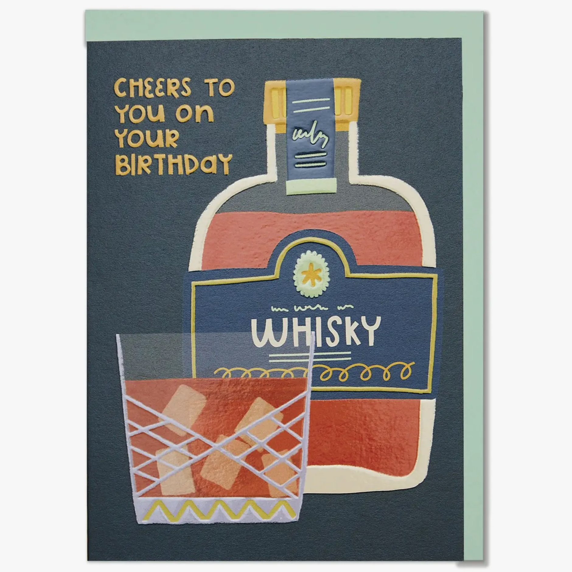 A greeting card with a colorful design featuring a stylized image of a whisky bottle, a glass of whisky, and a birthday message.