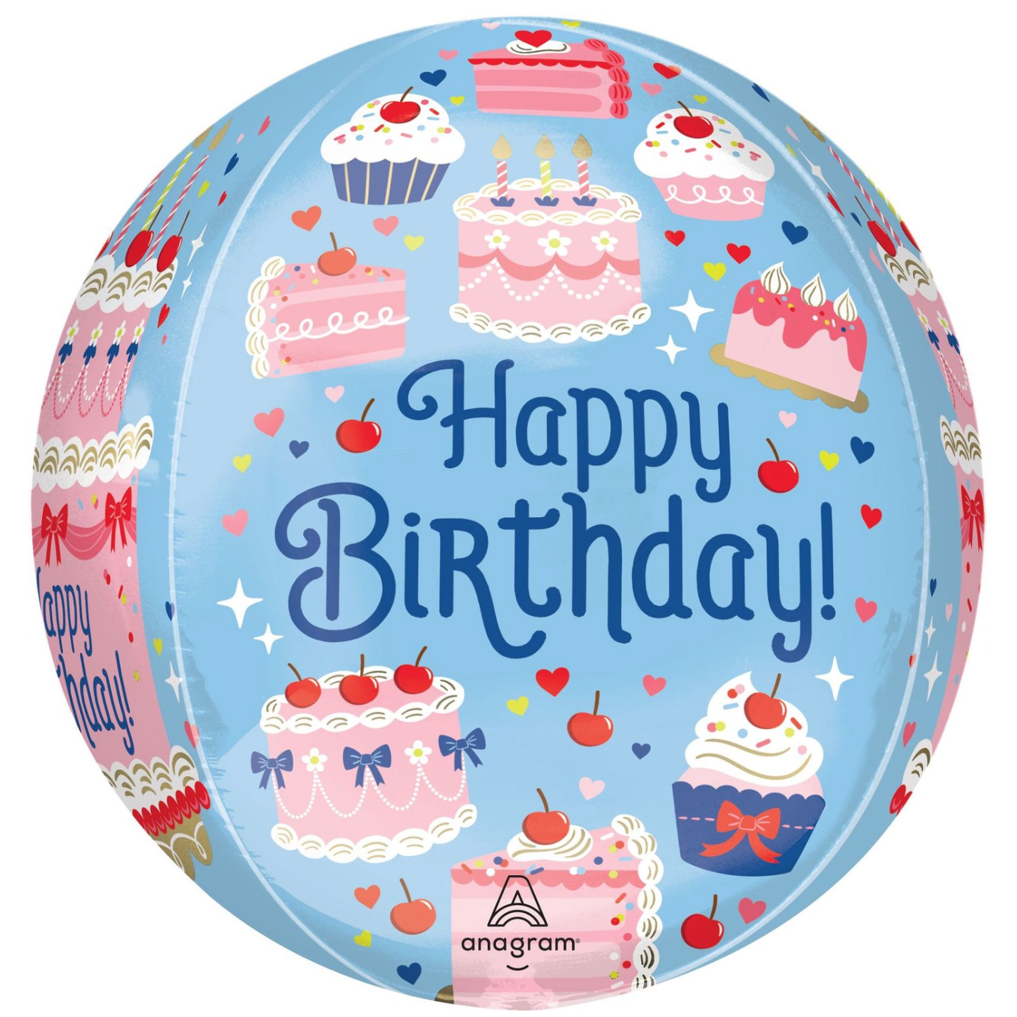 Round blue balloon with pink birthday cakes and 'Happy Birthday!' text