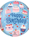 Round blue balloon with pink birthday cakes and 'Happy Birthday!' text