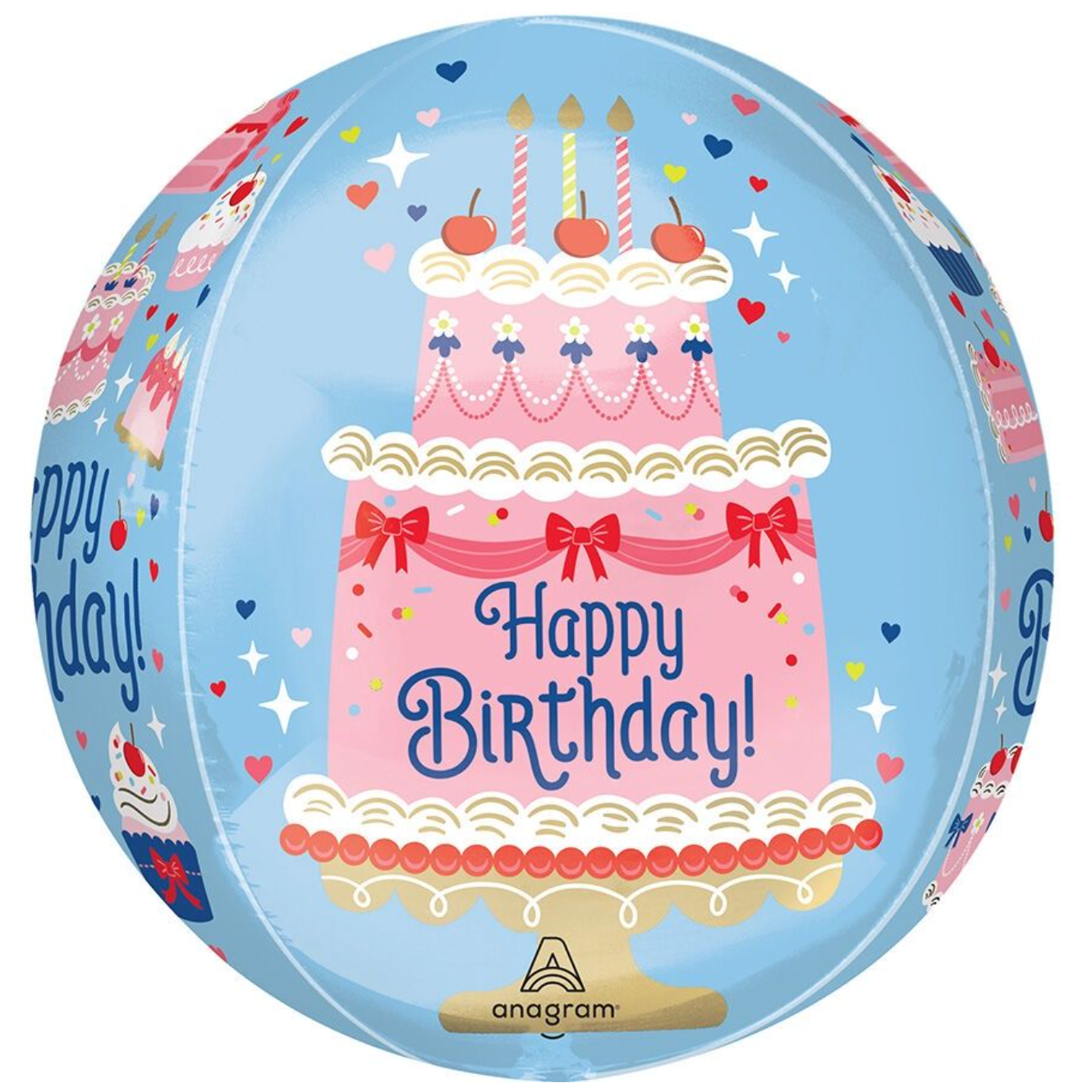 Round blue balloon with pink birthday cake design and 'Happy Birthday!' text