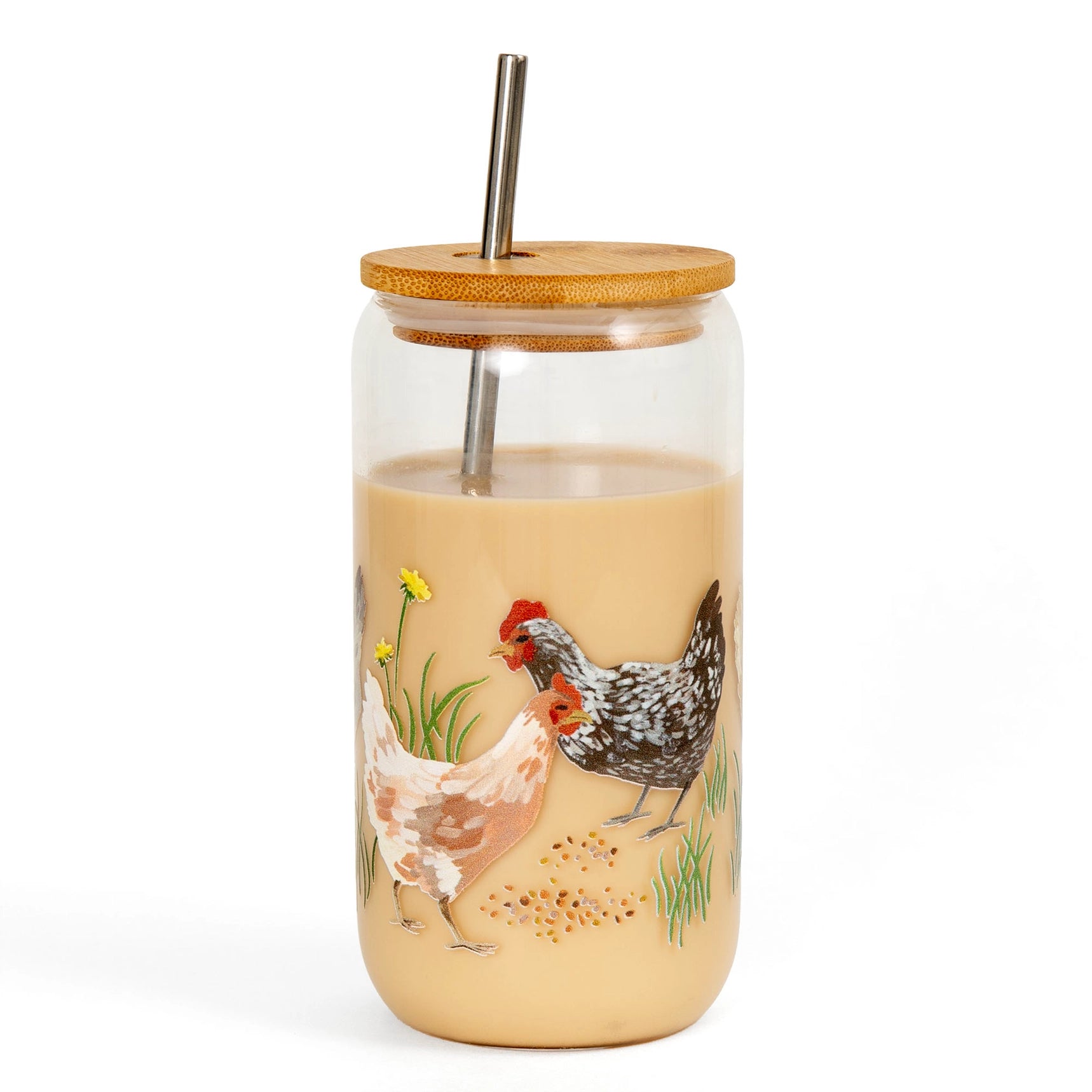 A glass soda can with a bamboo lid and a metal straw, featuring an illustration of chickens and a rooster on the side.