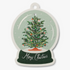 A circular Christmas-themed gift tag with a snow globe design, featuring a Christmas tree and 'Merry Christmas' text.