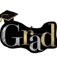 A round balloon with the word 'GRAD' written in silver and gold, designed to celebrate graduation.