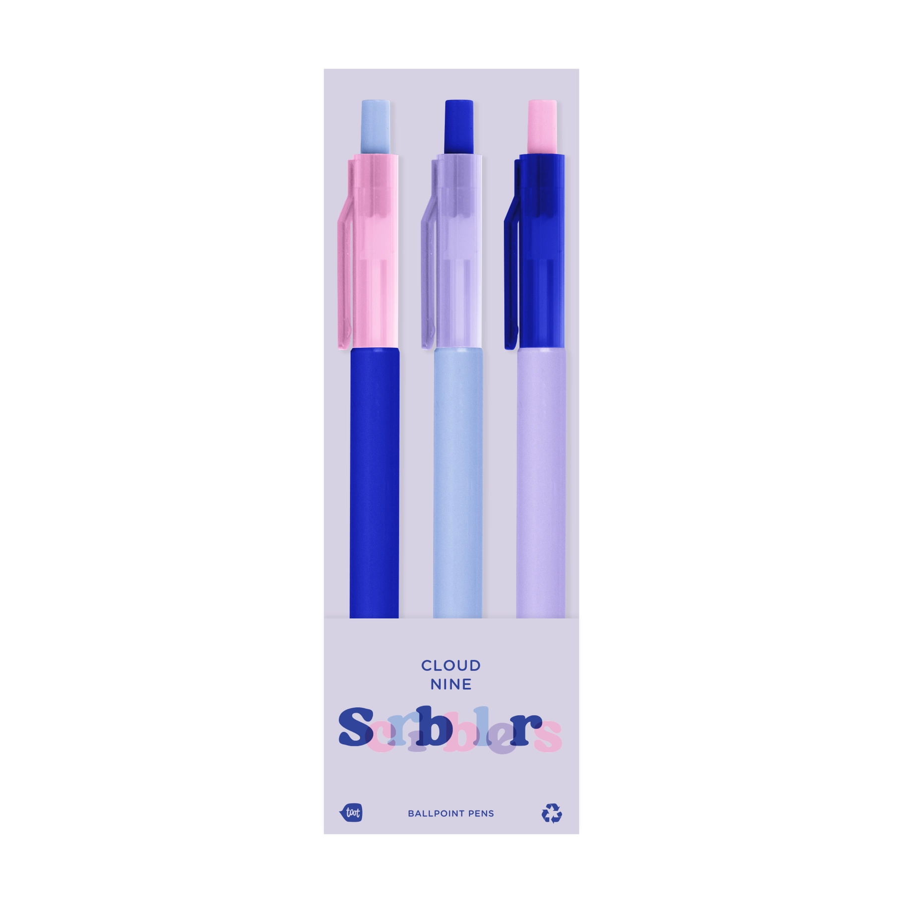 Three ballpoint pens in pink, blue, and purple packaging with 'Cloud Nine' branding on a white background.