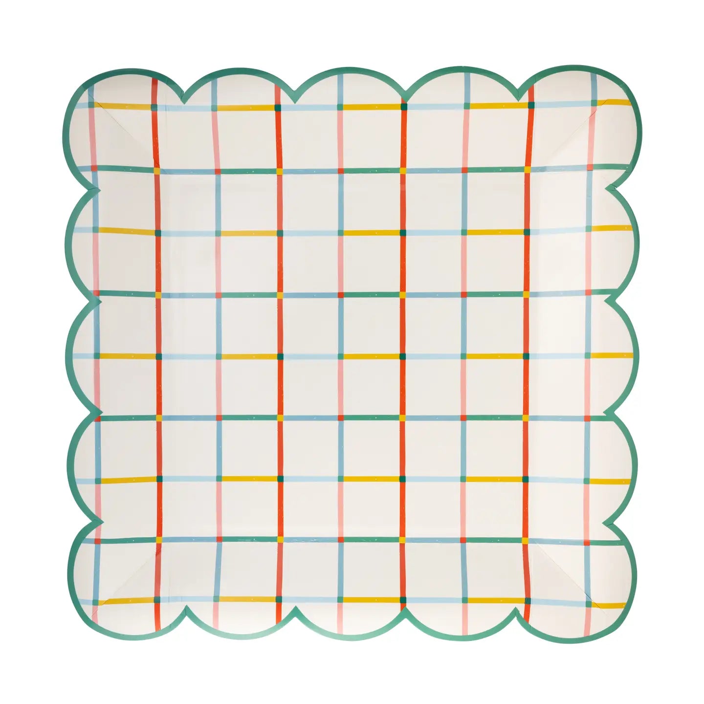 A square paper plate with scalloped edges, featuring a white background with a colorful plaid pattern of red, yellow, and blue lines, and a green border.