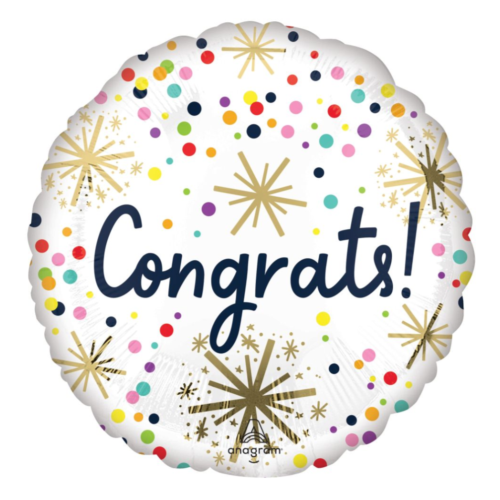 A 17-inch round mylar balloon with a 'Congrats!' text design, multicolored dots, and gold stars.