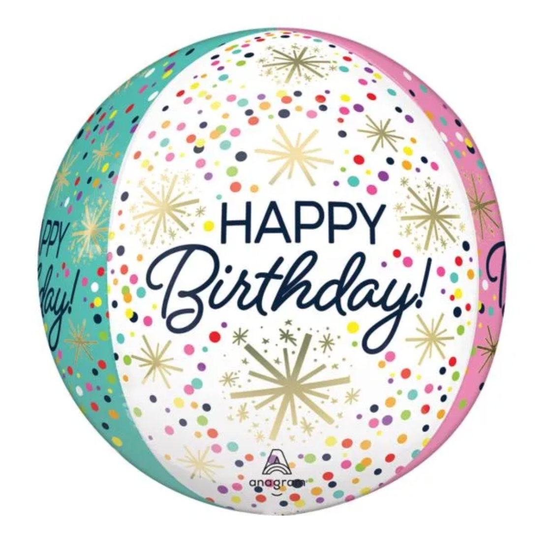 A multicolored spherical balloon with 'Happy Birthday' text and confetti sprinkles.