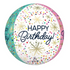 A multicolored spherical balloon with 'Happy Birthday' text and confetti sprinkles.