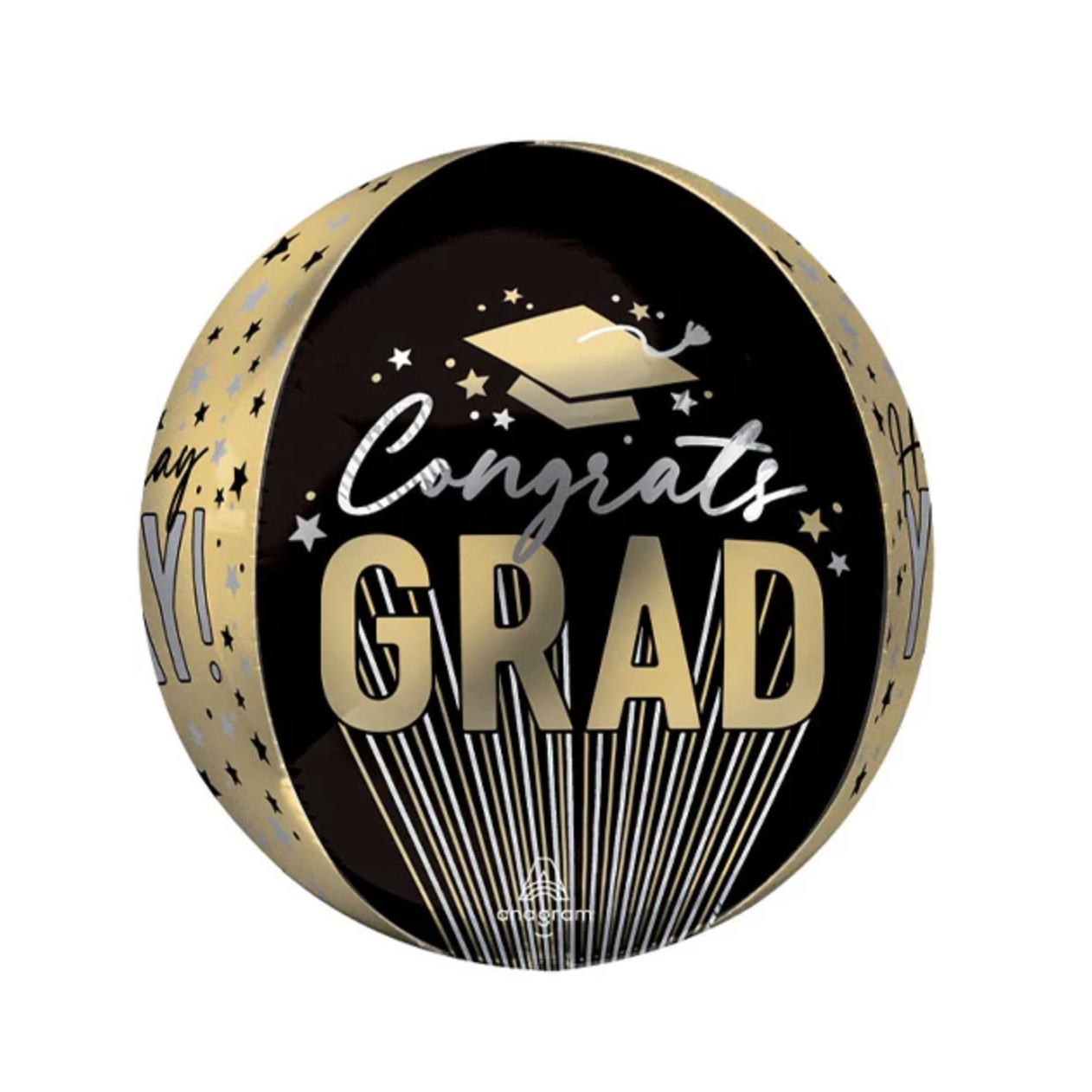 Decorative balloon with 'congrats grad!' text and stripe patterns on a white background