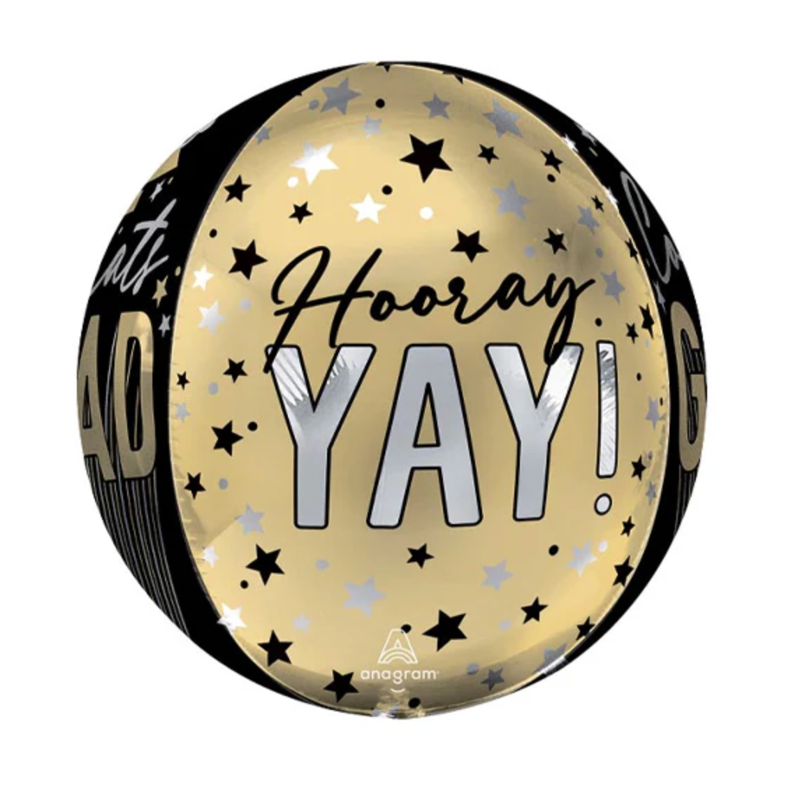 Decorative balloon with 'Hooray Yay!' text and star patterns on a white background