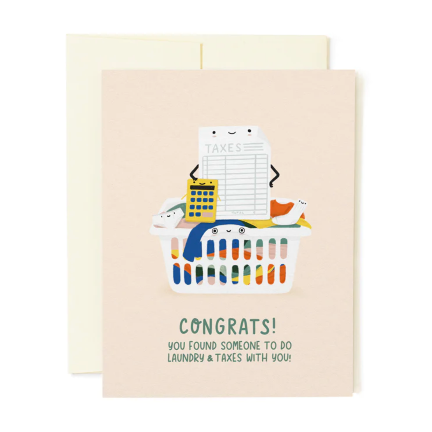 A greeting card with an illustration of a laundry basket and a tax form, with the text 'CONGRATS! You found someone to do laundry &amp; taxes with you' on it.