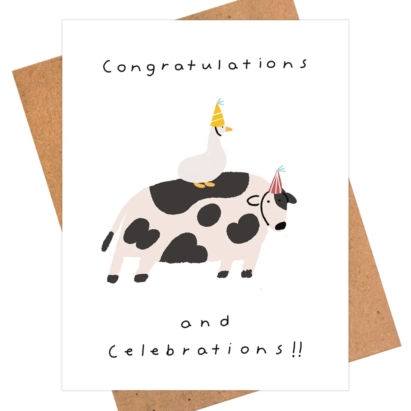 Greeting card with a cow and duck illustration and 'Congratulations and Celebrations' text.