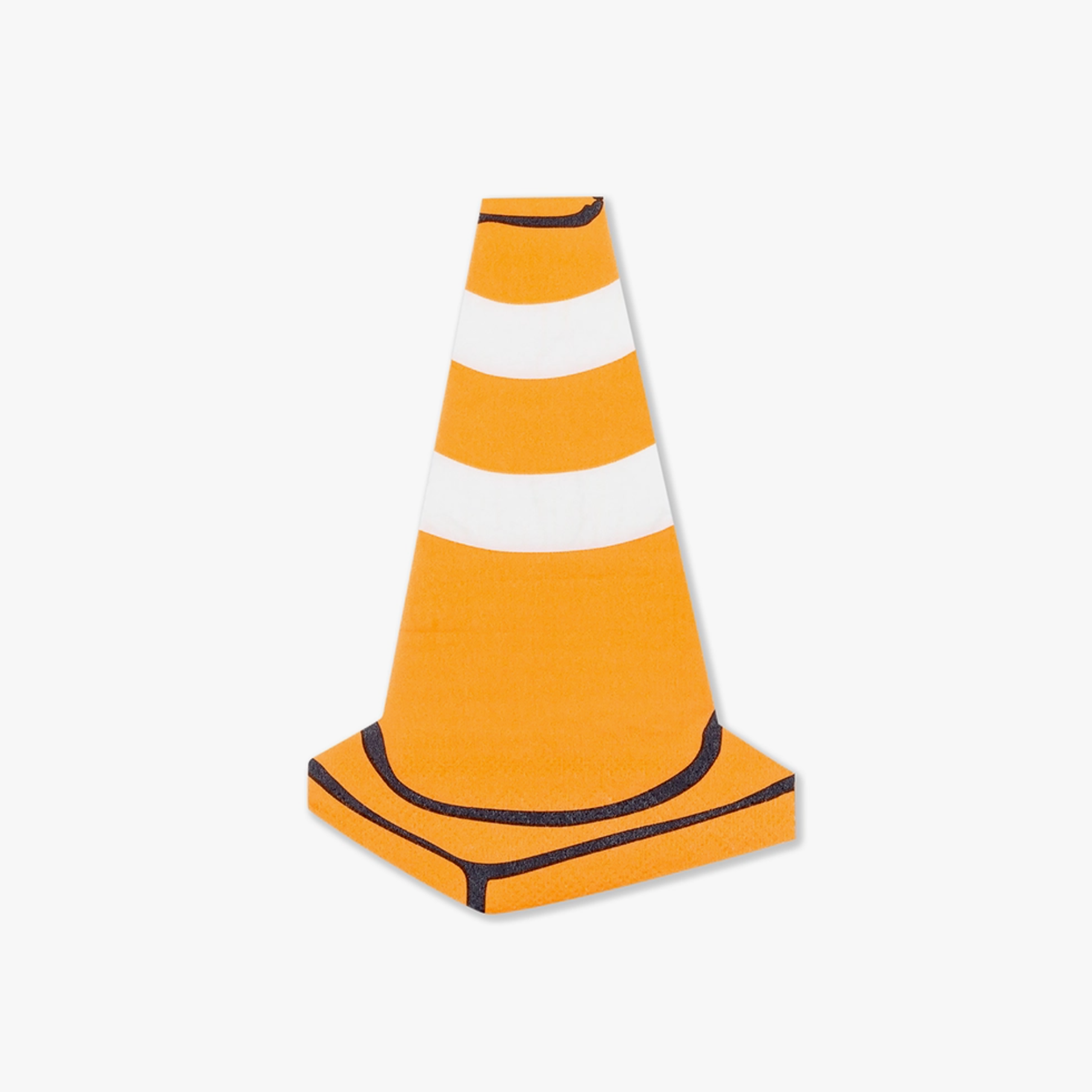 A construction cone-shaped paper napkin with orange and white colors and silver foil details.