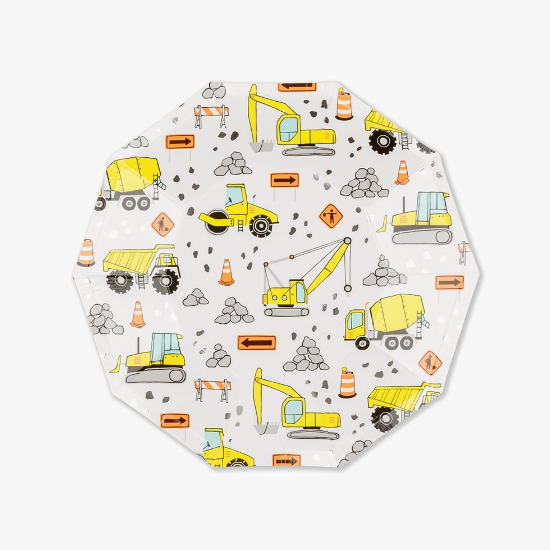 A round paper plate with a construction-themed design featuring illustrations of construction vehicles and tools on a white background.