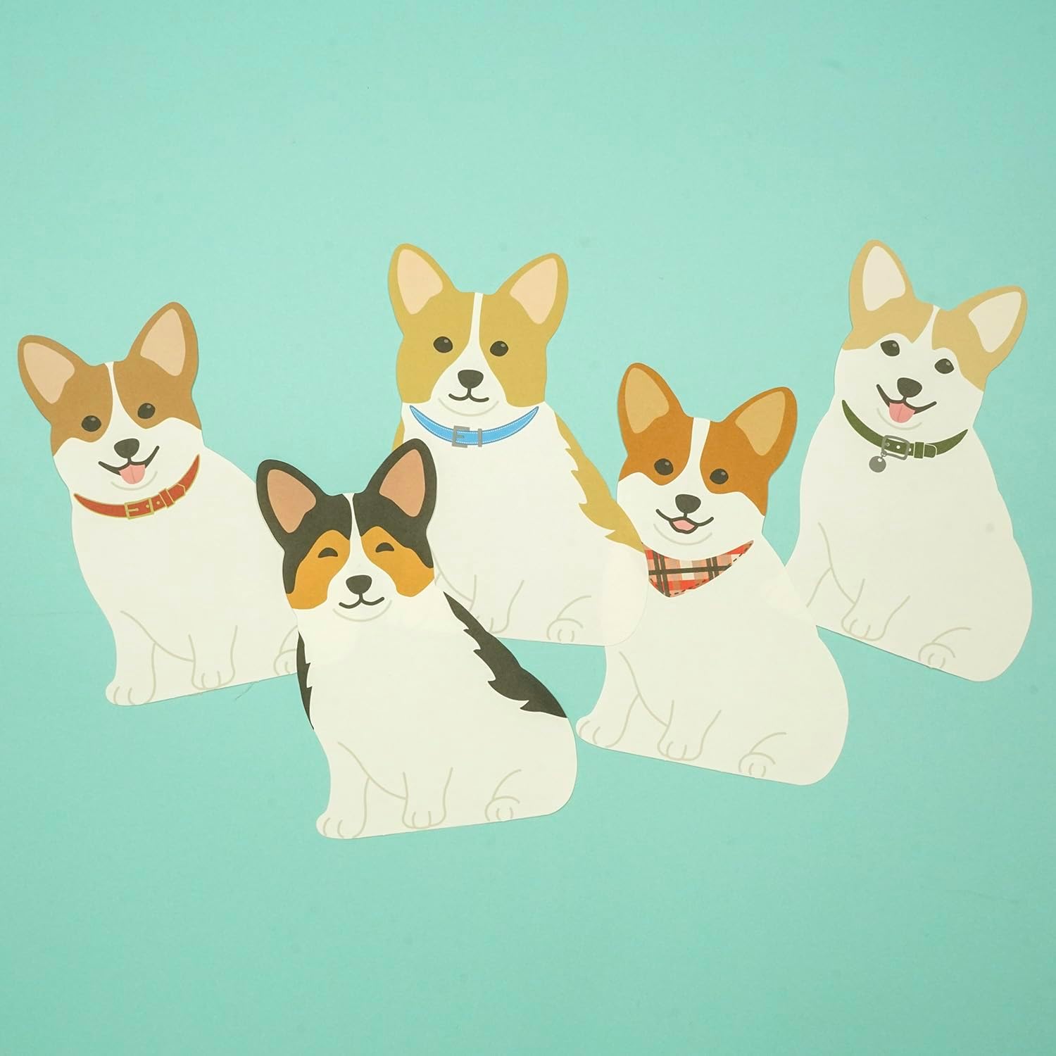 Illustration of five corgis on a teal background