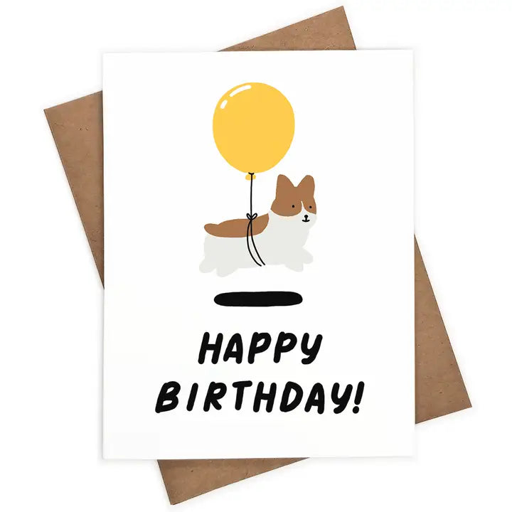 Birthday card with a dog and balloon illustration and 'Happy Birthday!' text.