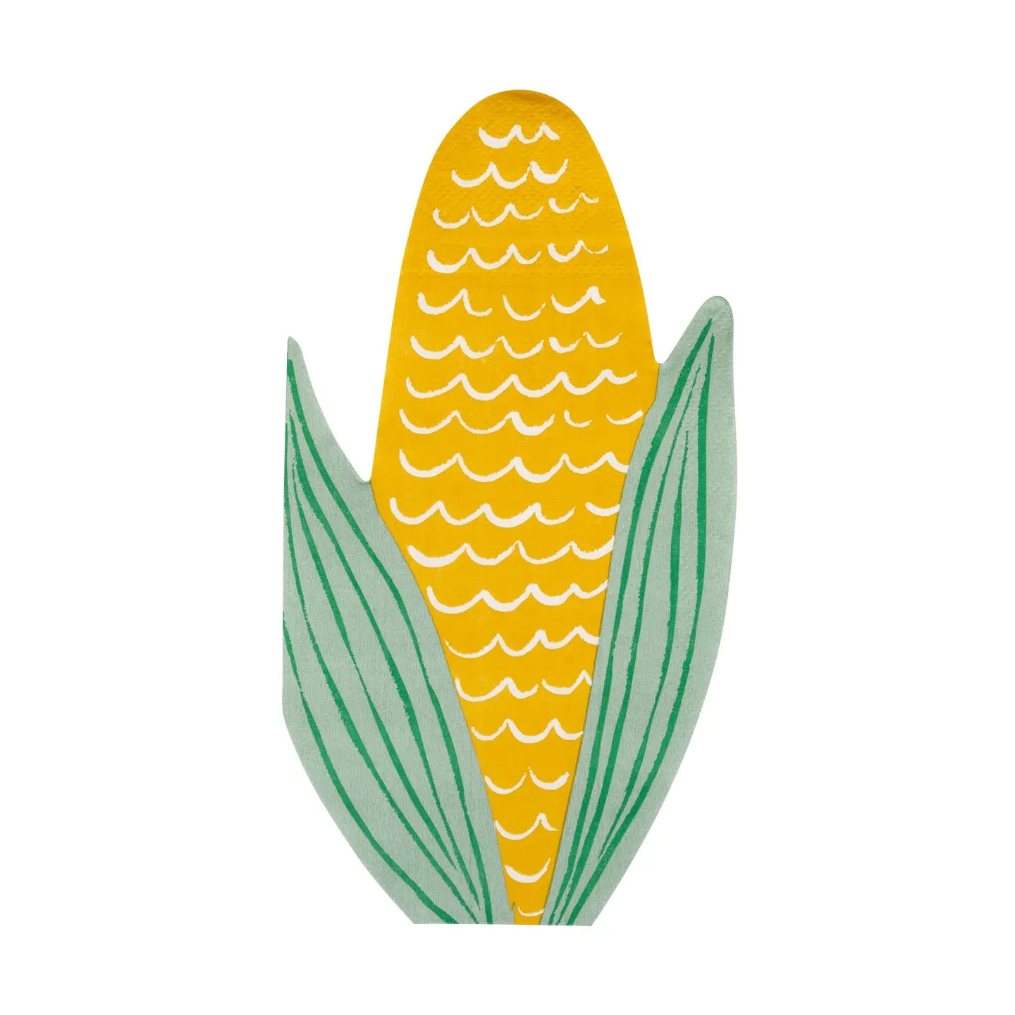 A napkin of a corn cob with husk illustration on a plain white background.