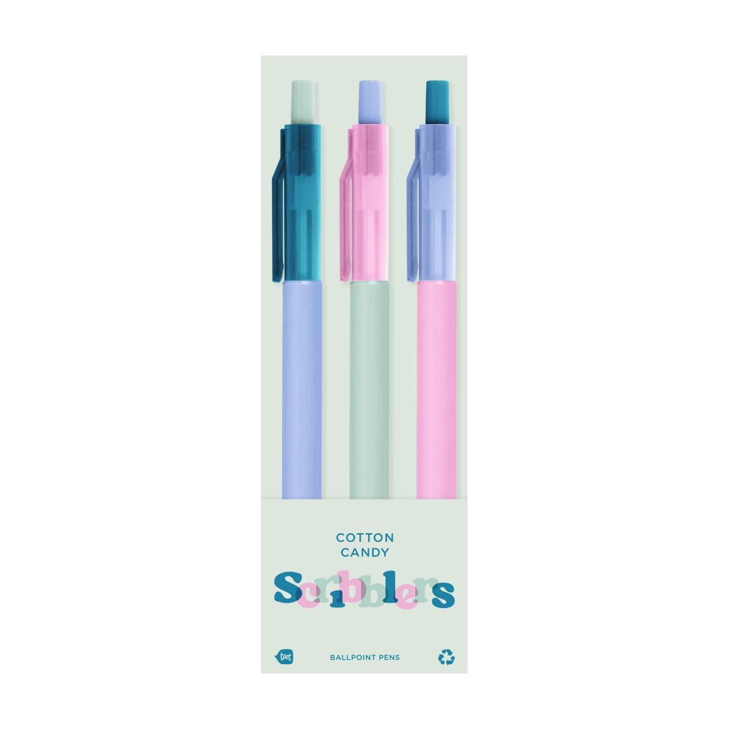 Set of three cotton candy-colored pens in packaging on a white background