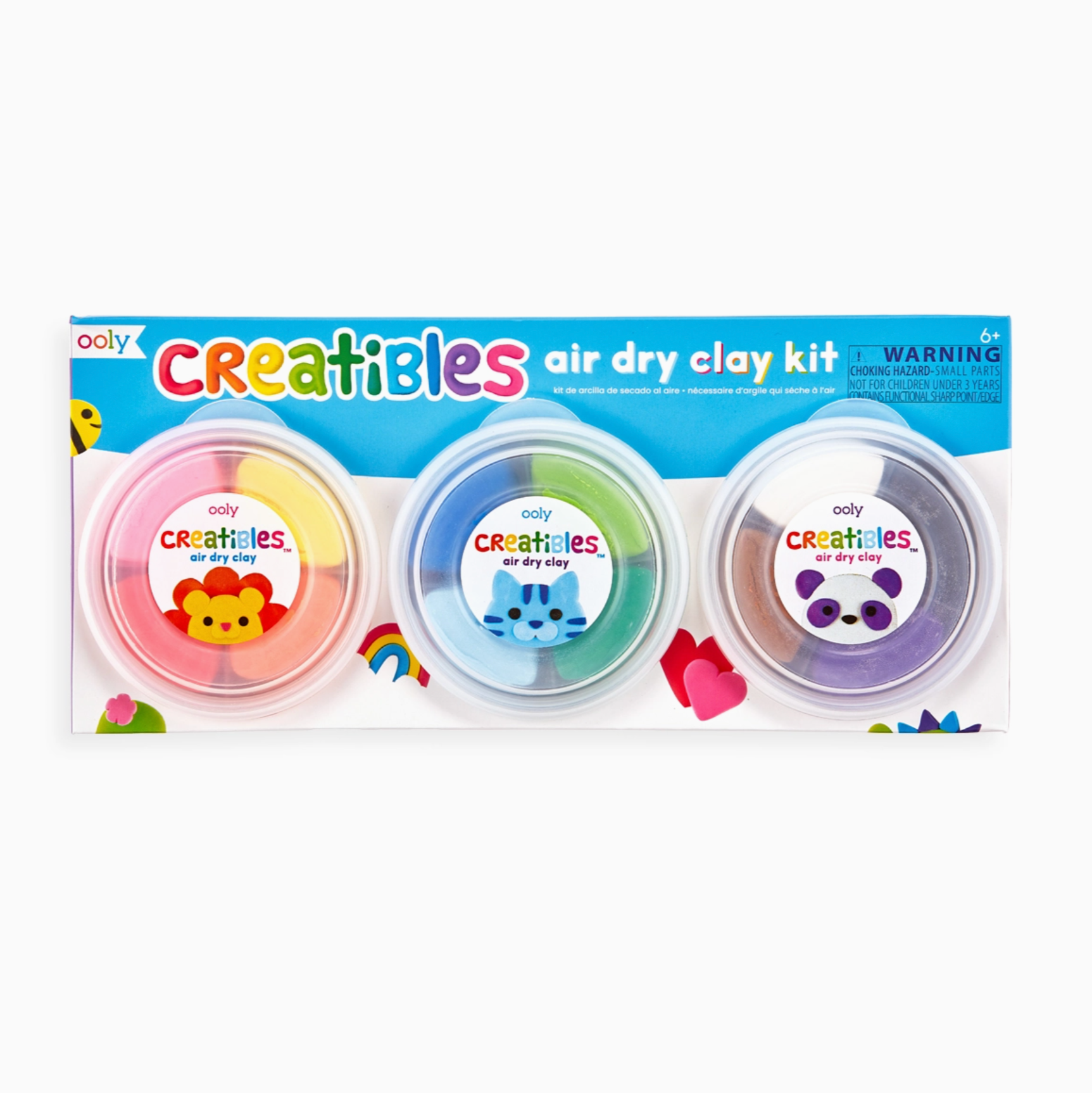 Packaging of Creatibles DIY Air Dry Clay Kit with three colors of clay displayed in round plastic containers and three plastic tools, set against a white background.