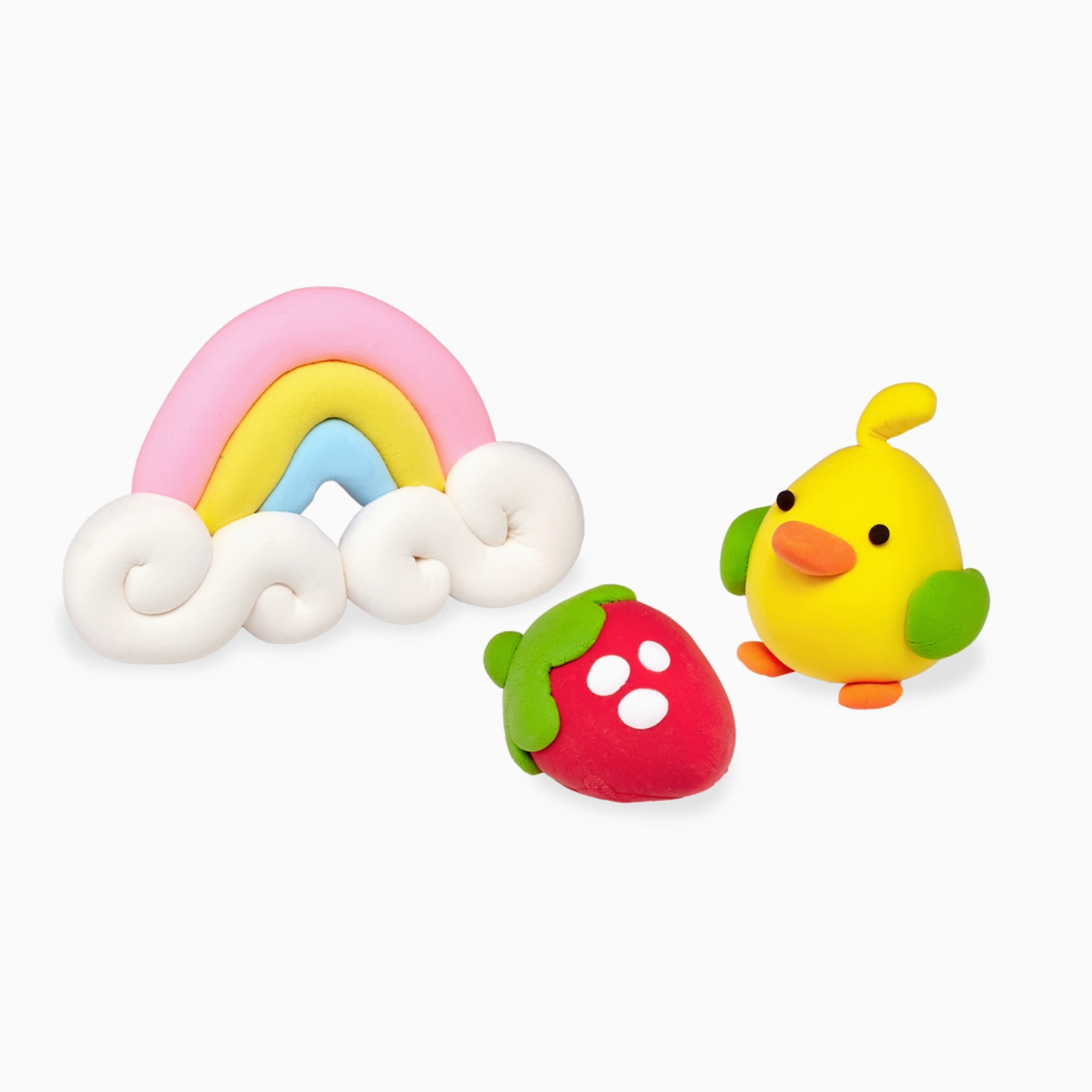 Clay figures as a rainbow, strawberry and chick.