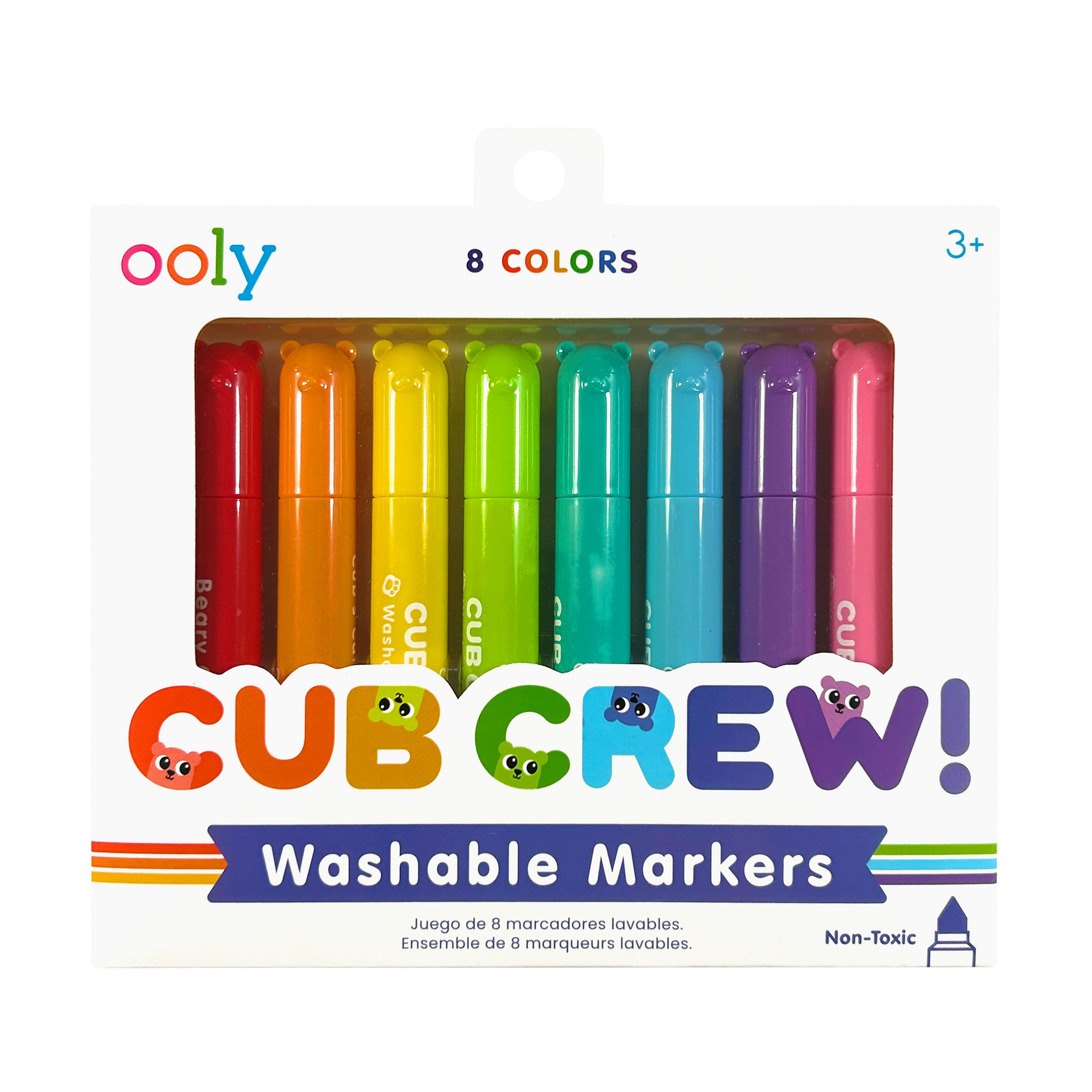 Oolly Cub Crew! 8-color washable markers in a white retail box with a clear window showing the markers inside. The markers are red, orange, yellow, green, teal, purple, and pink, and the packaging features colorful branding and the text 'Washable Markers' and 'Non-Toxic'.