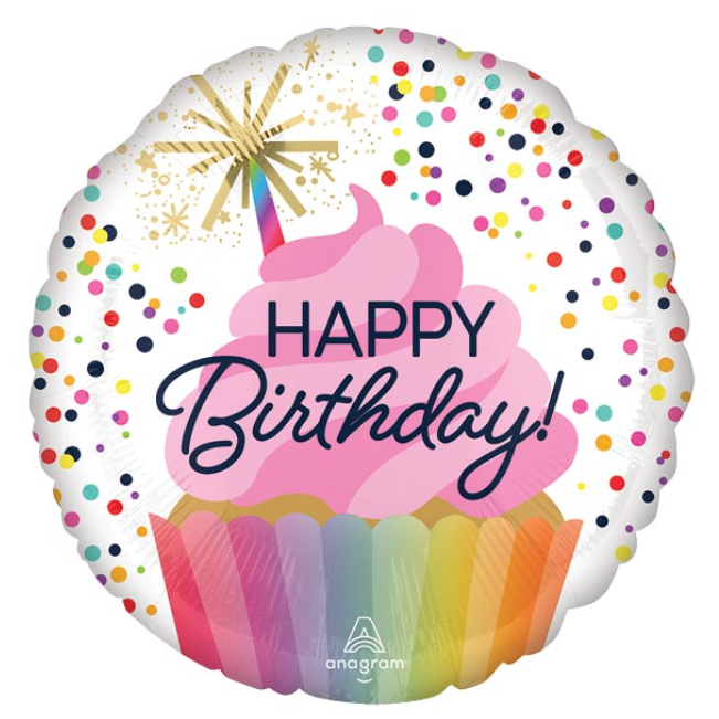 A round balloon with a cupcake design and 'Happy Birthday' text, decorated with colorful confetti sprinkles.