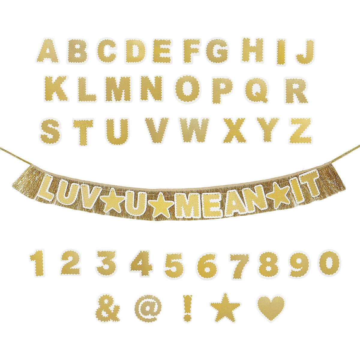 Gold glittery alphabet banner with 'LUV U MEAN IT' text on a white background