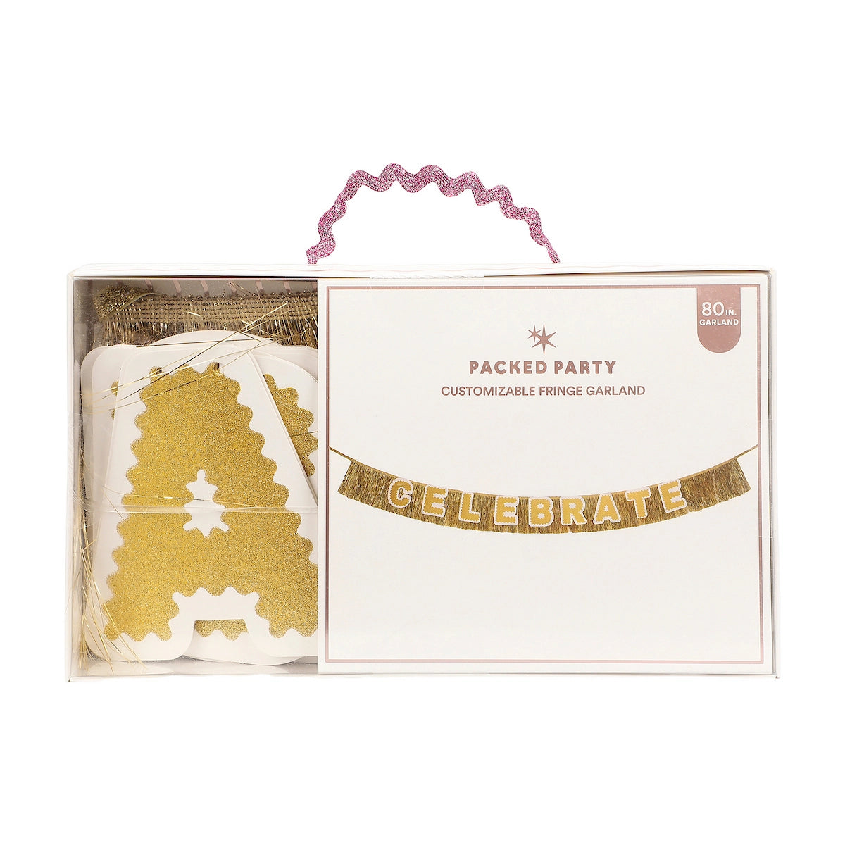 Packed Party customizable fringe garland packaging with gold fringe banner and white box on a white background