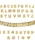 Gold glittery alphabet banner with 'LUV U MEAN IT' text on a white background
