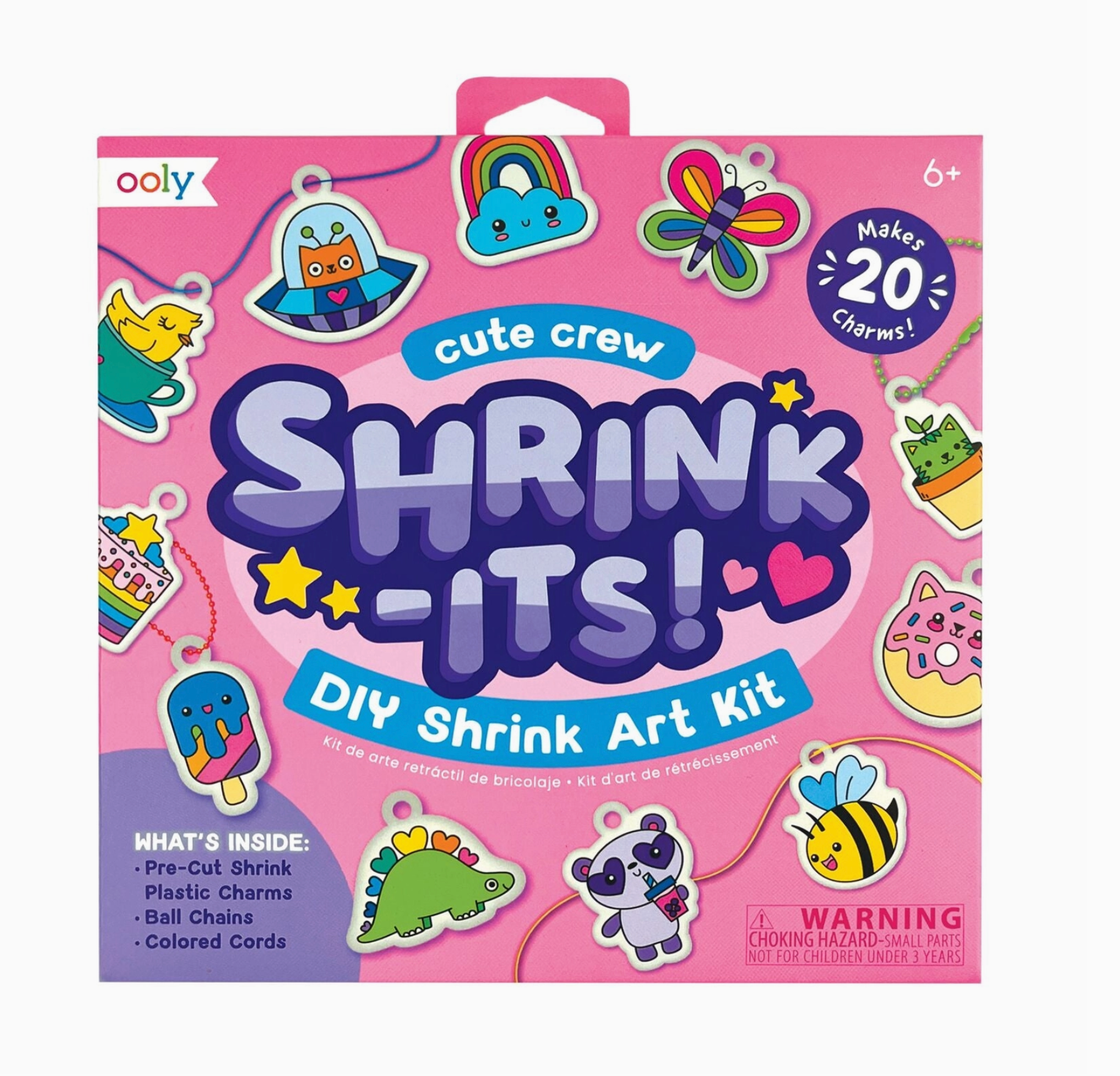 Packaging for Cute Crew Shrink-Its DIY Kit with various colorful shrink plastic charms depicted on the cover.