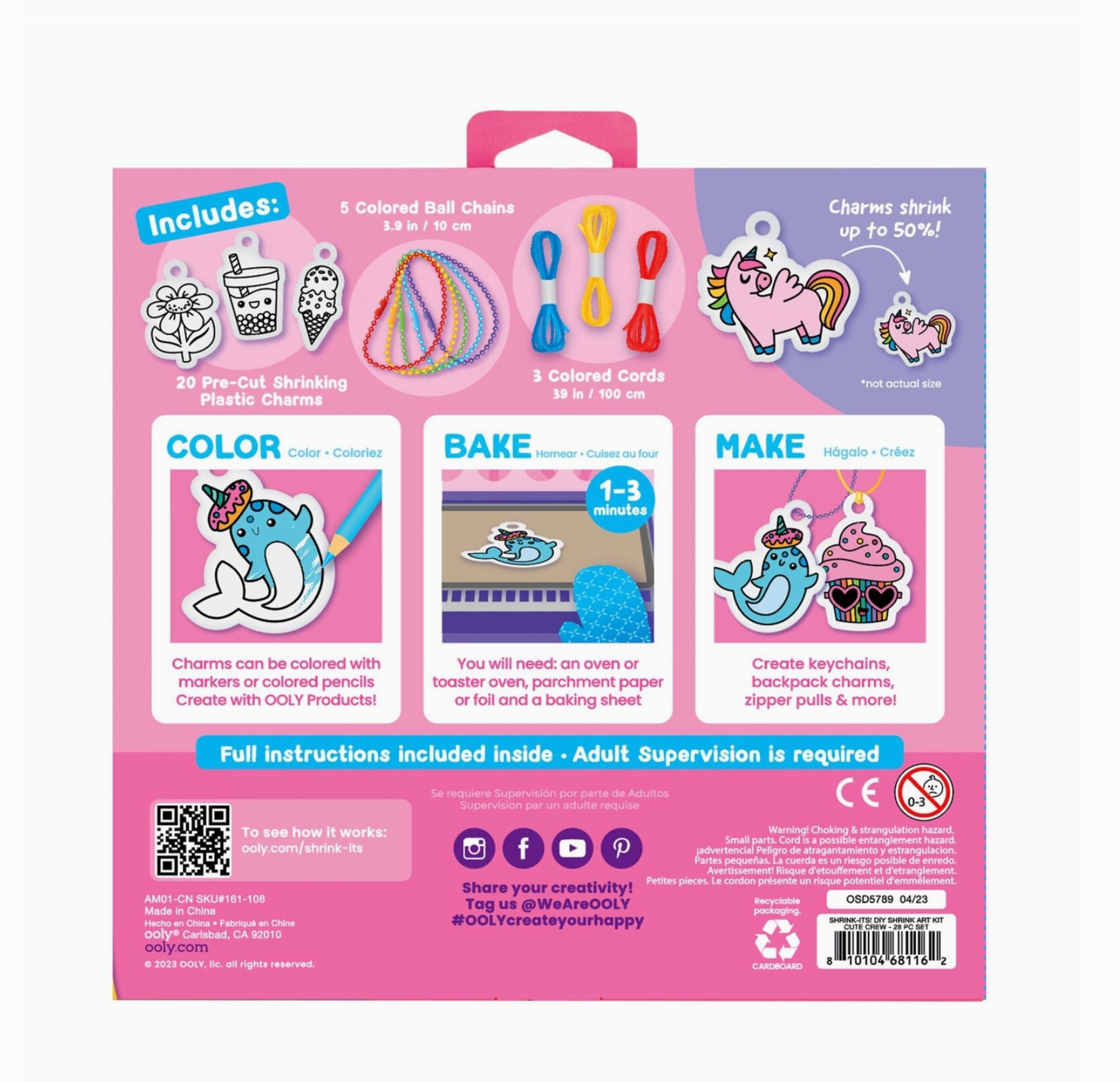Back side Packaging for Cute Crew Shrink-Its DIY Kit with various colorful shrink plastic charms depicted on the cover.