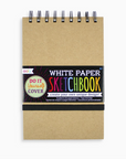 A white paper sketchbook with a brown kraft paper cover, labeled 'DO IT YOURSELF SKETCHBOOK' with a colorful decorative stripe on the front.
