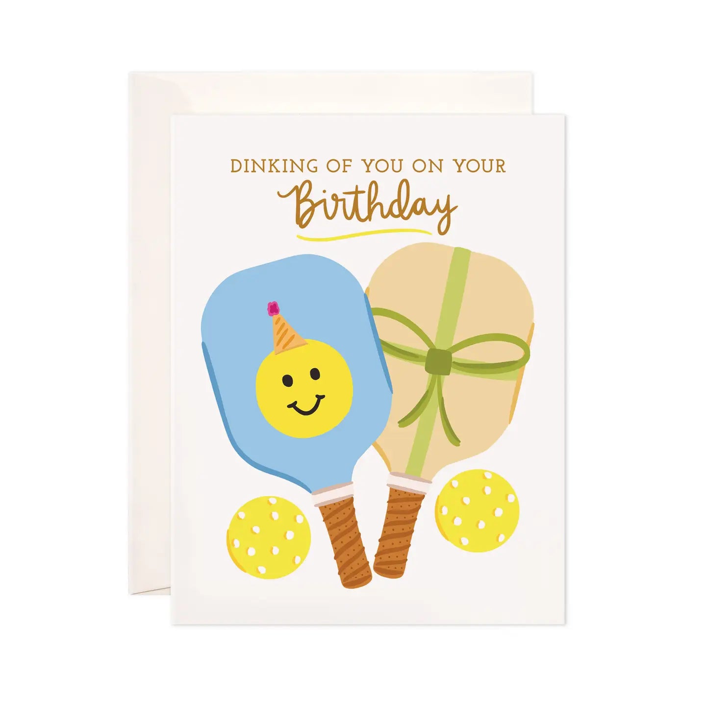 Birthday card with paddle tennis rackets and a gift, featuring the text 'Dinking of you on your Birthday'.