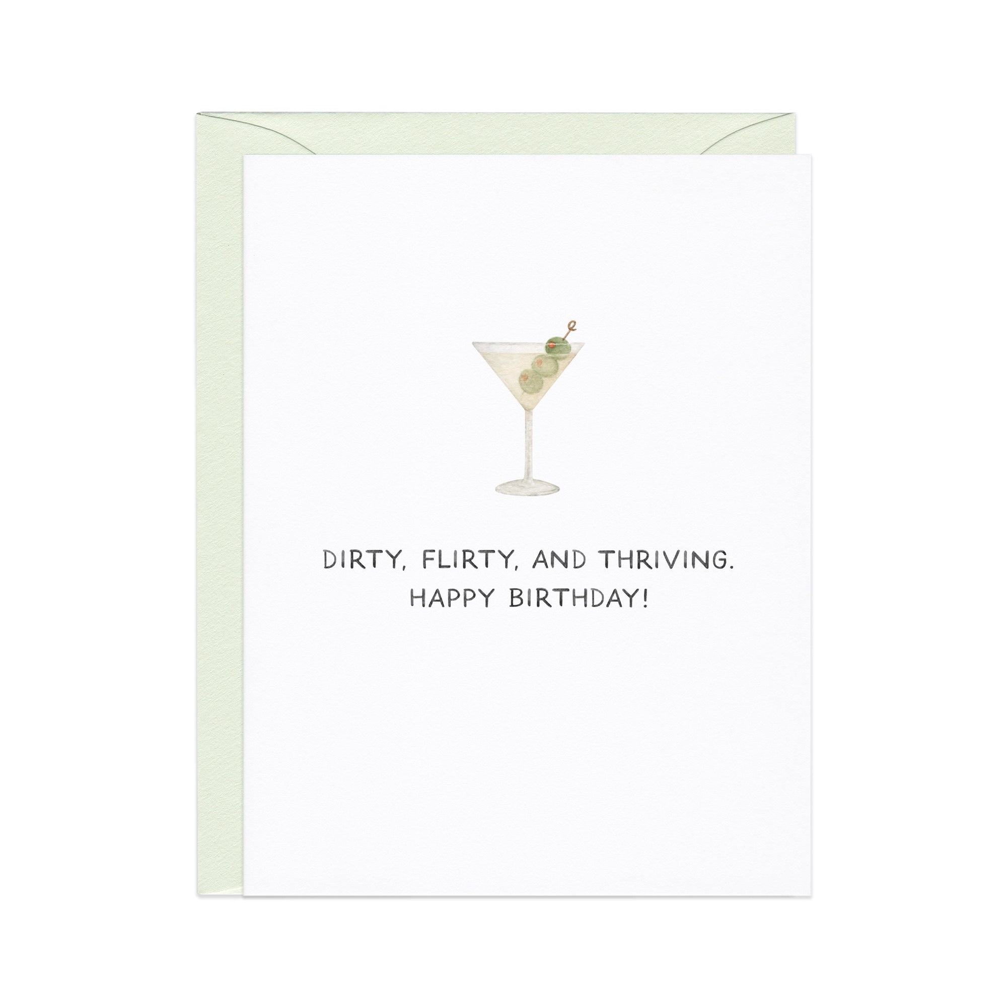 Birthday card with a martini glass illustration and text on a white background
