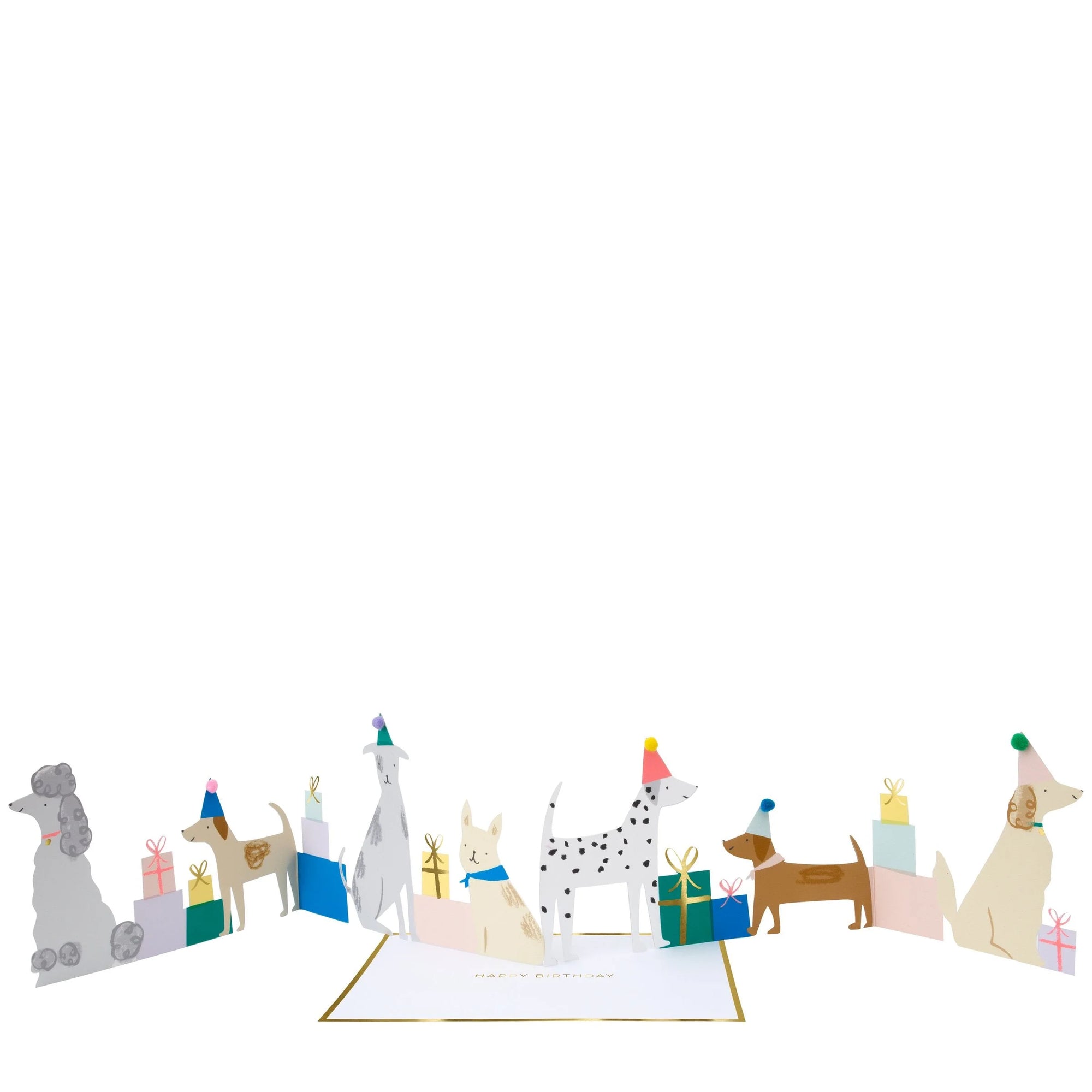 A birthday card featuring a variety of illustrated dogs wearing party hats and celebrating with gifts.