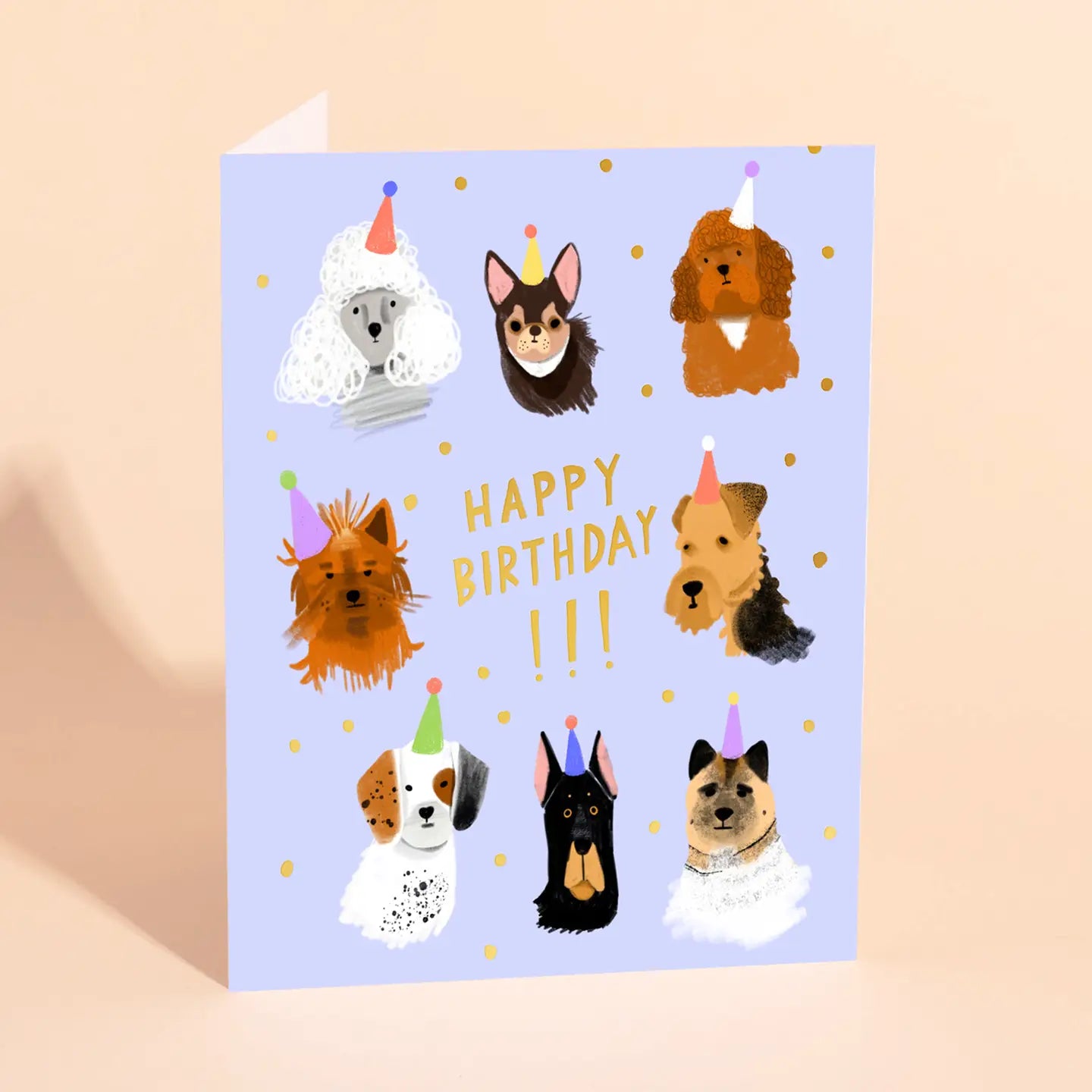 purple birthday card featuring multiple dogs with party hats and "happy birthday!!!" text