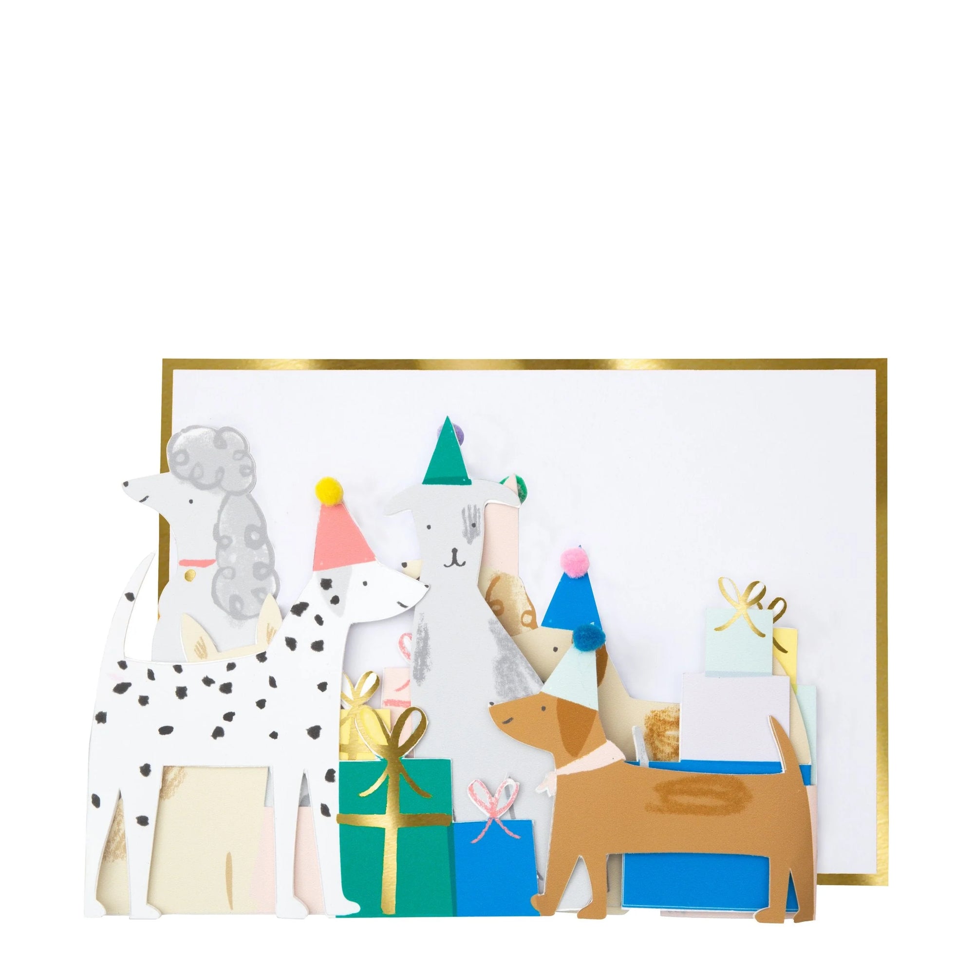 Dog birthday party greeting card that can be unfolded