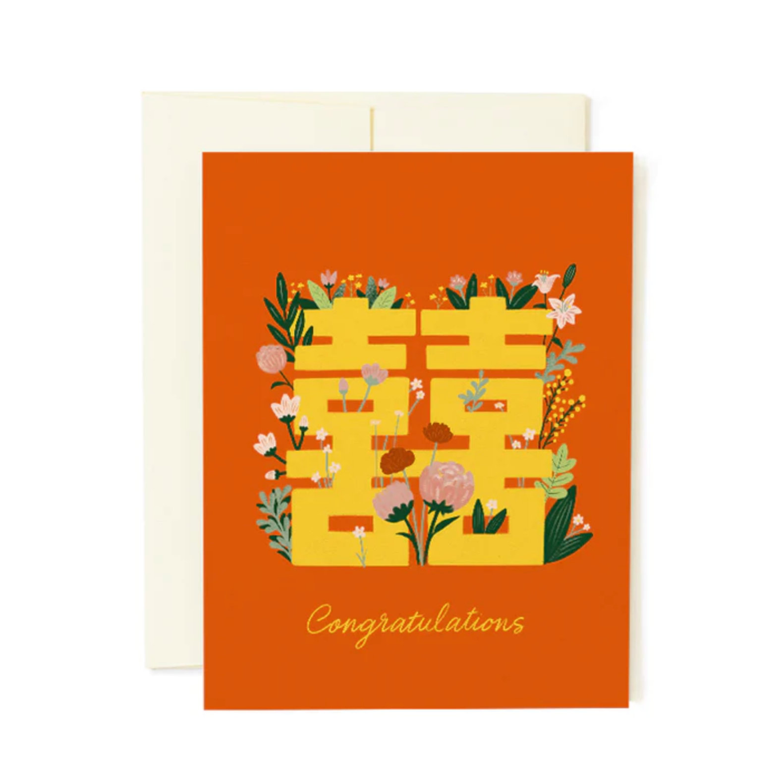 A red greeting card with chinese character double happiness and wording "congratulations"