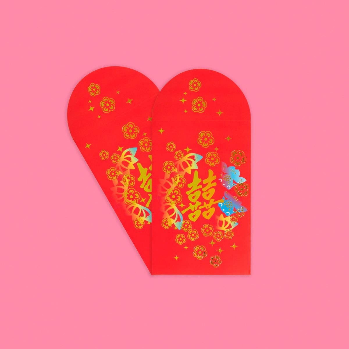 Pair of red envelopes with Chinese text for double happiness