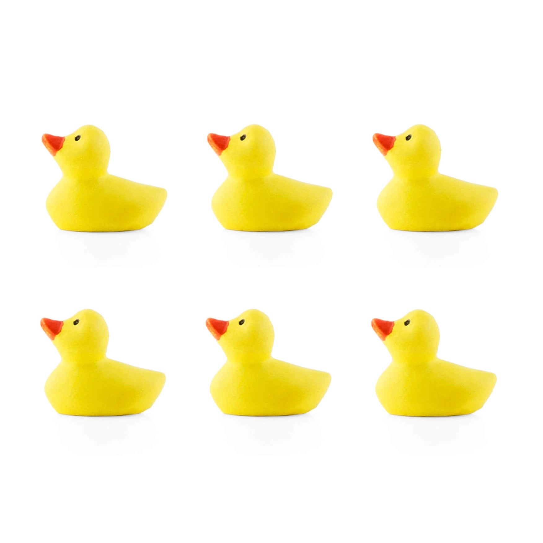 Six small yellow rubber duckies with orange beaks arranged in two rows of three on a white background.