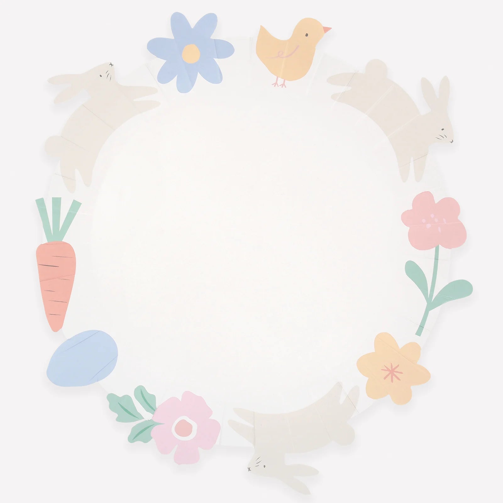 Easter-themed plate including carrots, flowers, and a chick on a white background.