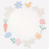 Easter-themed plate including carrots, flowers, and a chick on a white background.