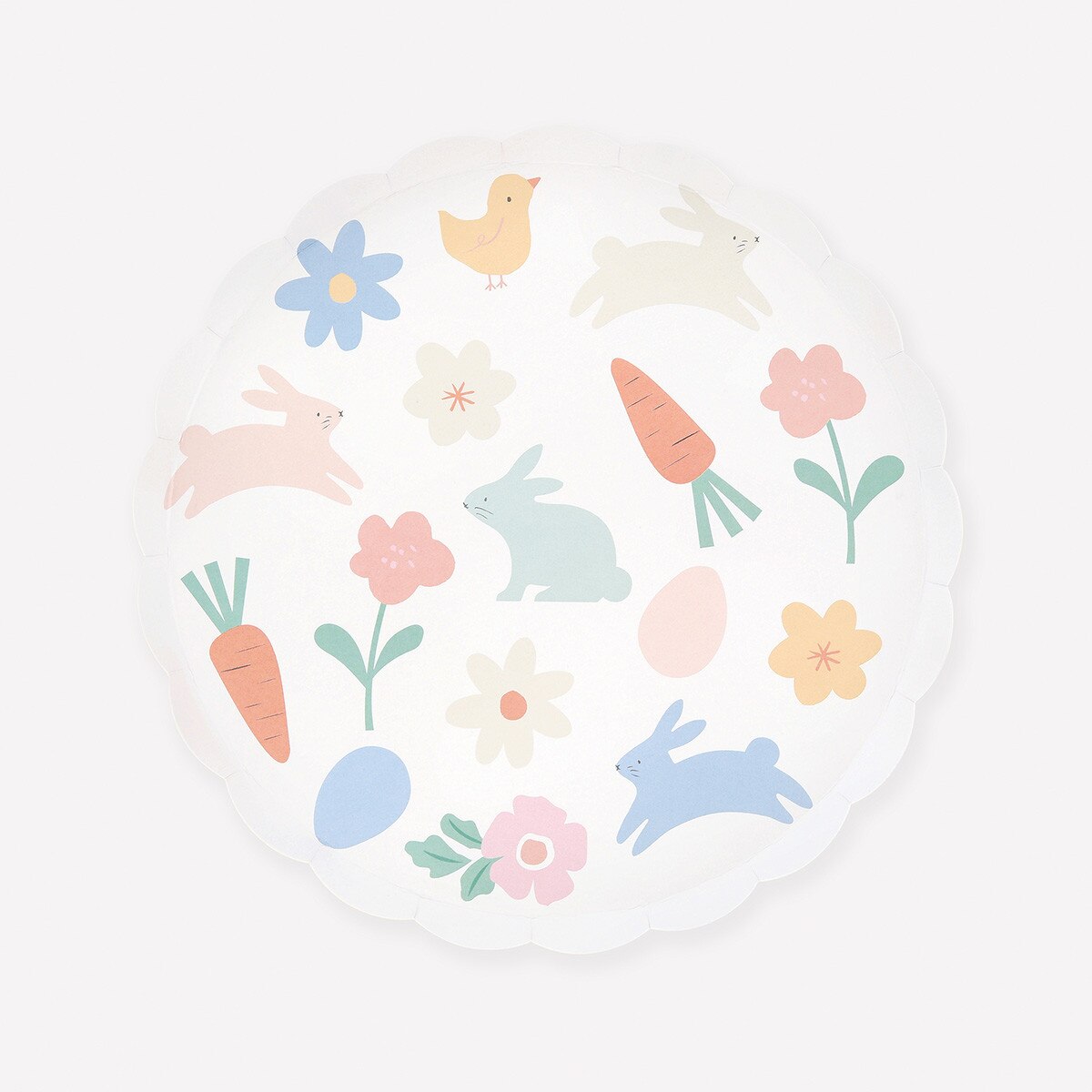 Decorative plate with pastel-colored Easter-themed illustrations on a white background