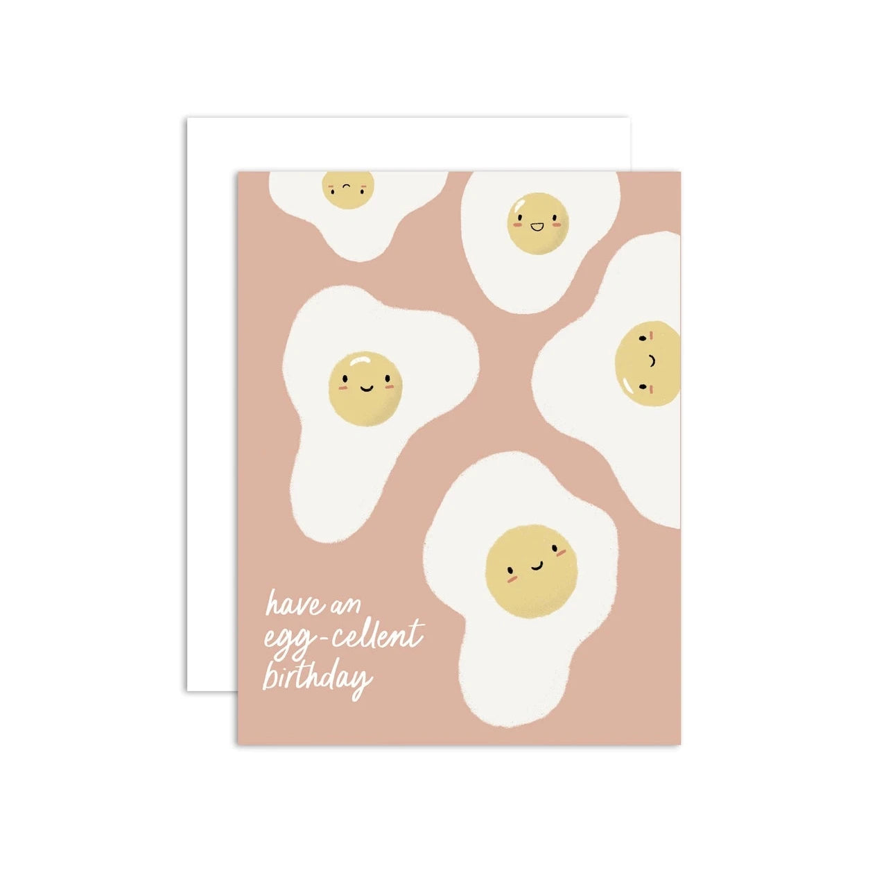 A greeting card with an illustration of multiple egg yolks on a peach background, with a text message that reads 'Have an eggcellent birthday'.